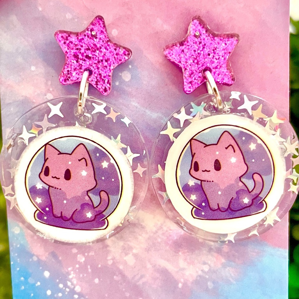 Acrylic Space Cat Dangle Earrings